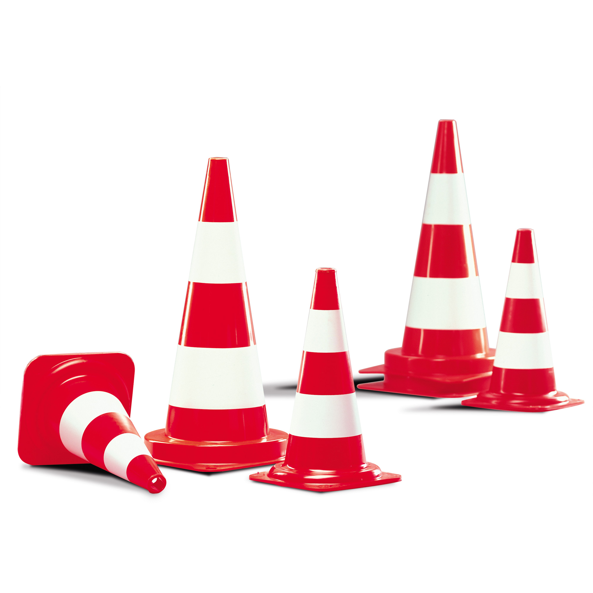 Leitkegel aus PVC, tagesleuchtend, rot-orange, mit zwei weißen Ringen, 750 mm hoch